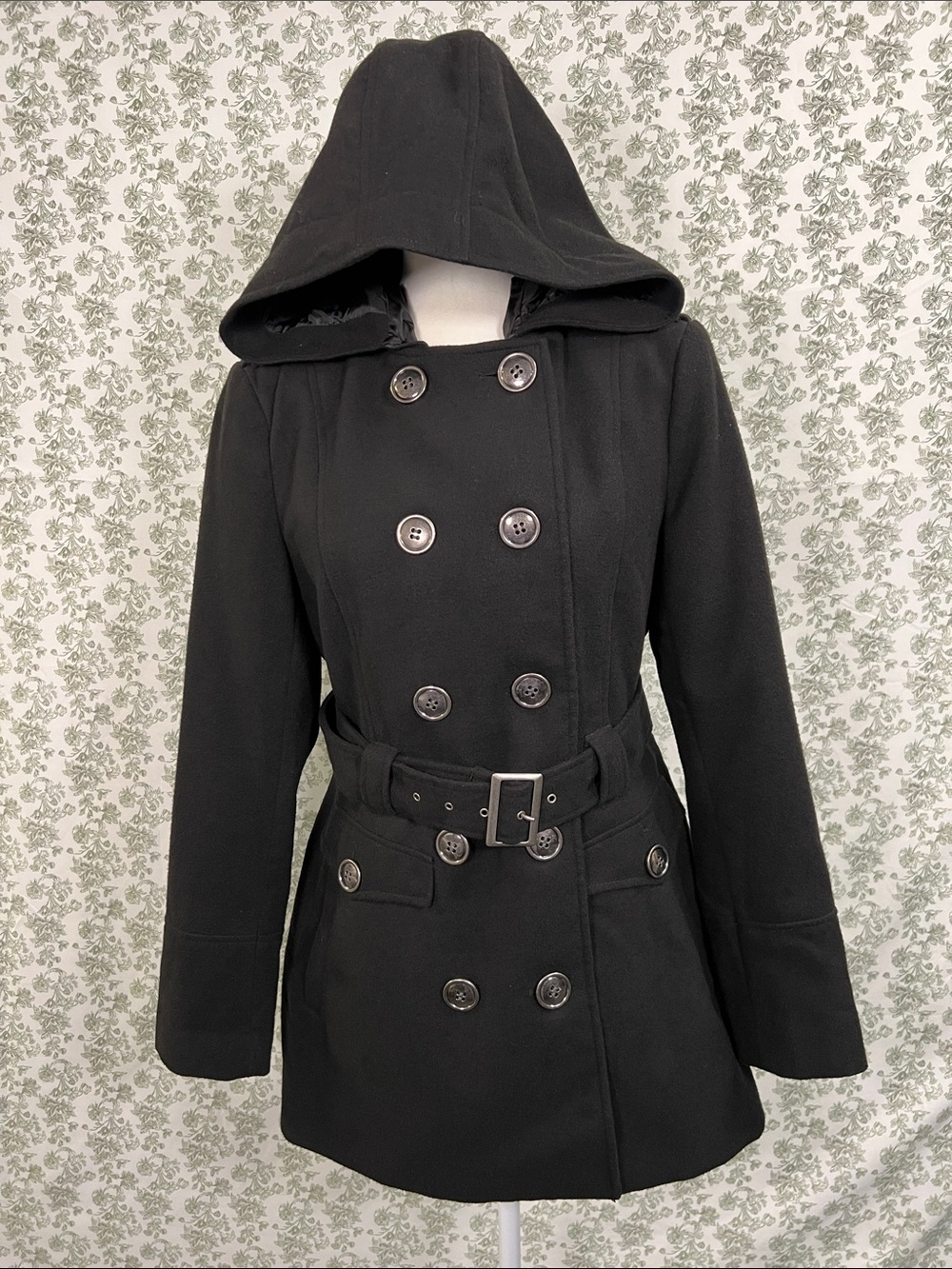 New York & Company Black Hooded Double-Breasted Belted Trench Coat